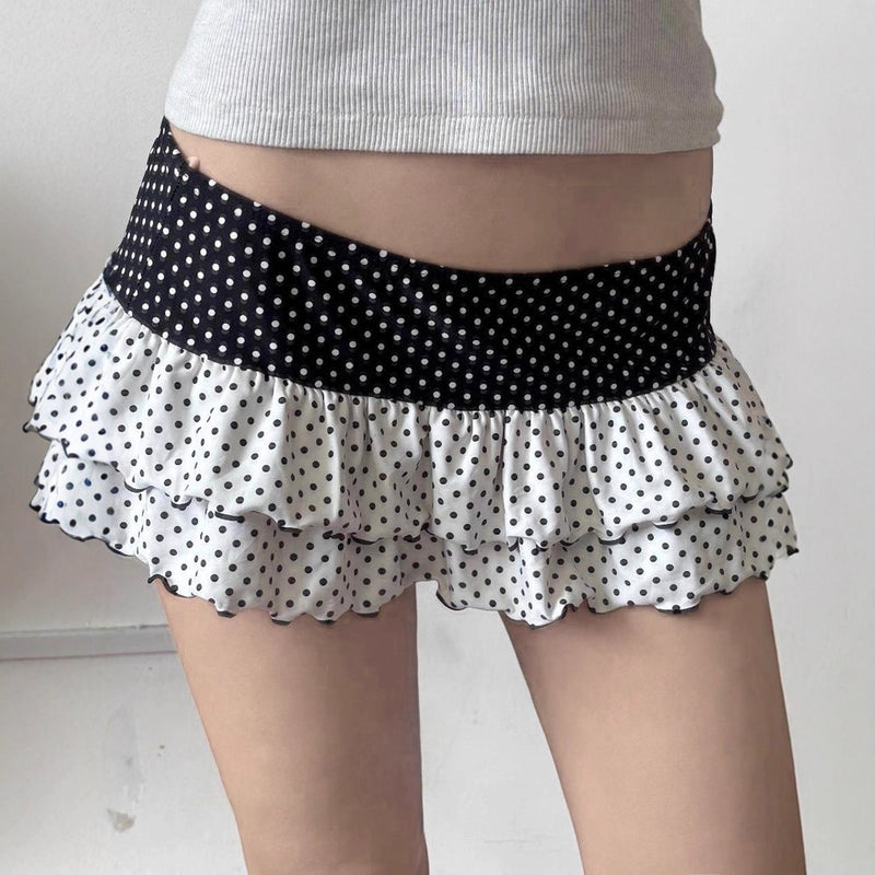 Polka Dot Patchwork Color Block Tiered Slim Mini Skirt