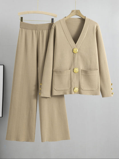 Knitted Cardigan Sweater Two Piece Set - Khaki