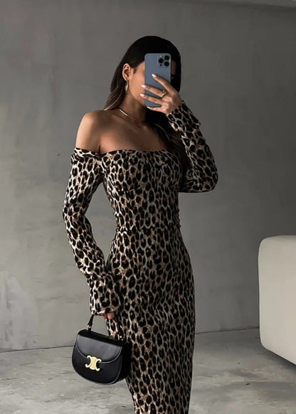 Leopard Print Off-shoulder Midi Dress