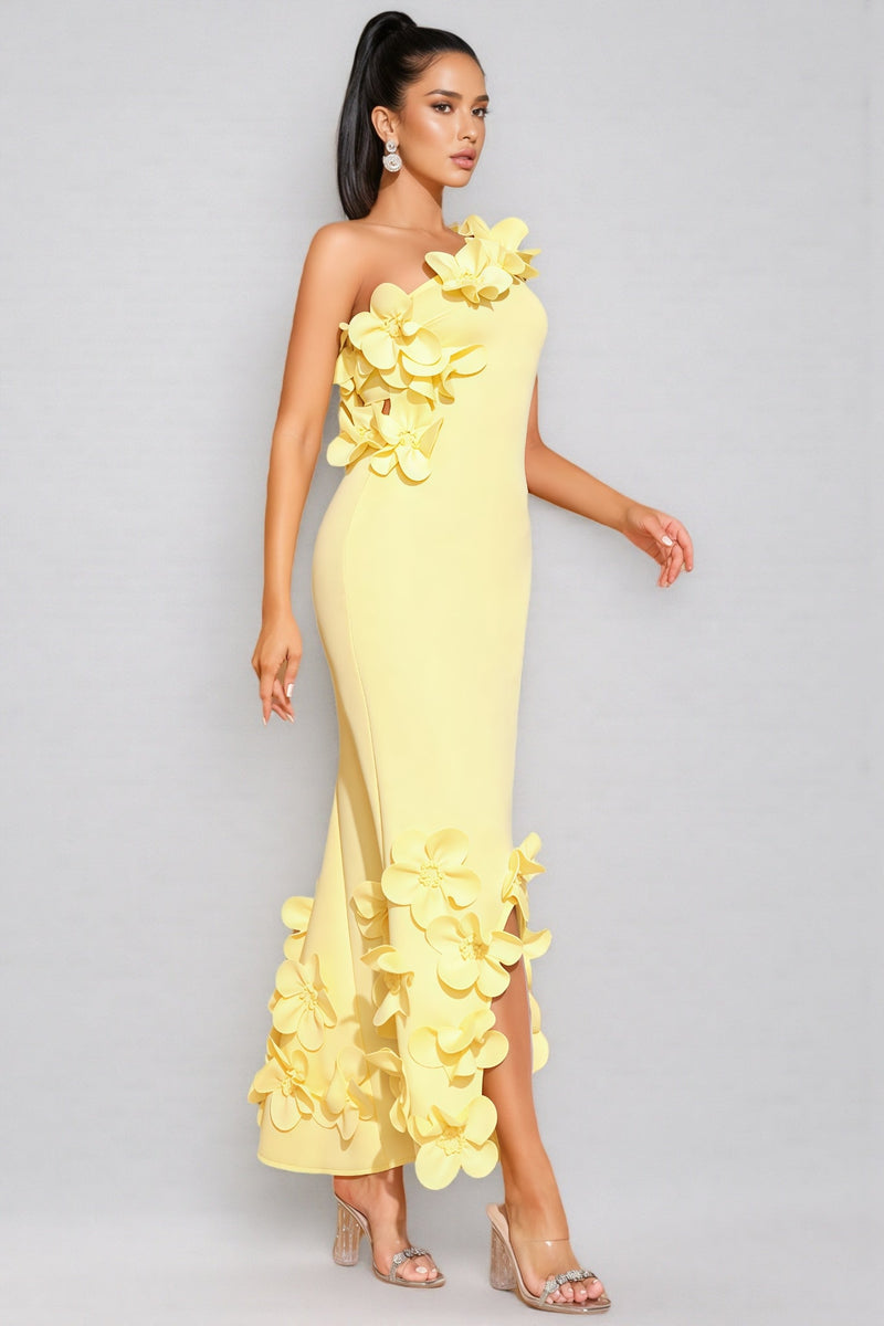 Zalia Yellow One-shoulder 3d Maxi Dress