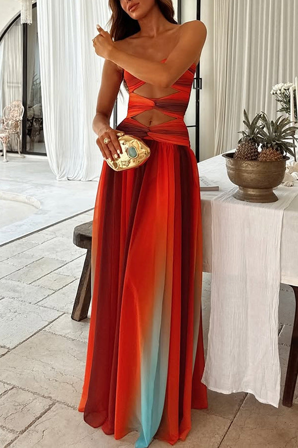 ' Sunset Strapless Tassel Printed Twisted Hollow Off Shoulder Vacation Long Dress