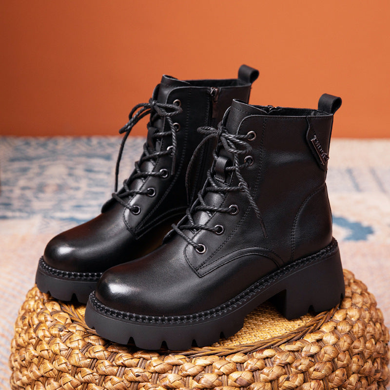 Cowhide Autumn Flat Ankle Retro Round Toe Martin Boots