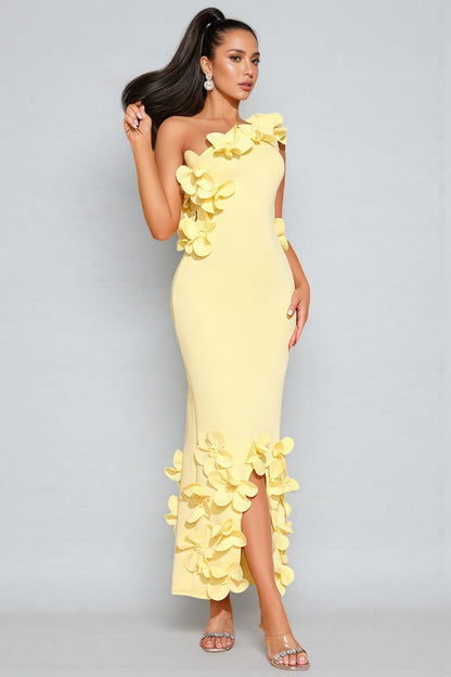 Zalia Yellow One-shoulder 3d Maxi Dress