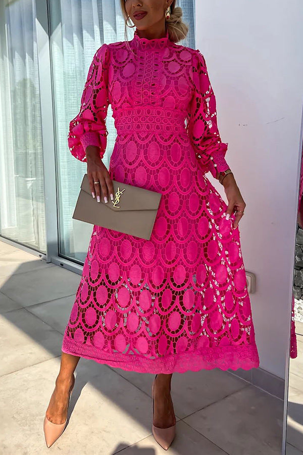 French Party Sensual Party Crochet Lace Lantern Sleeves Party Midi Skirt