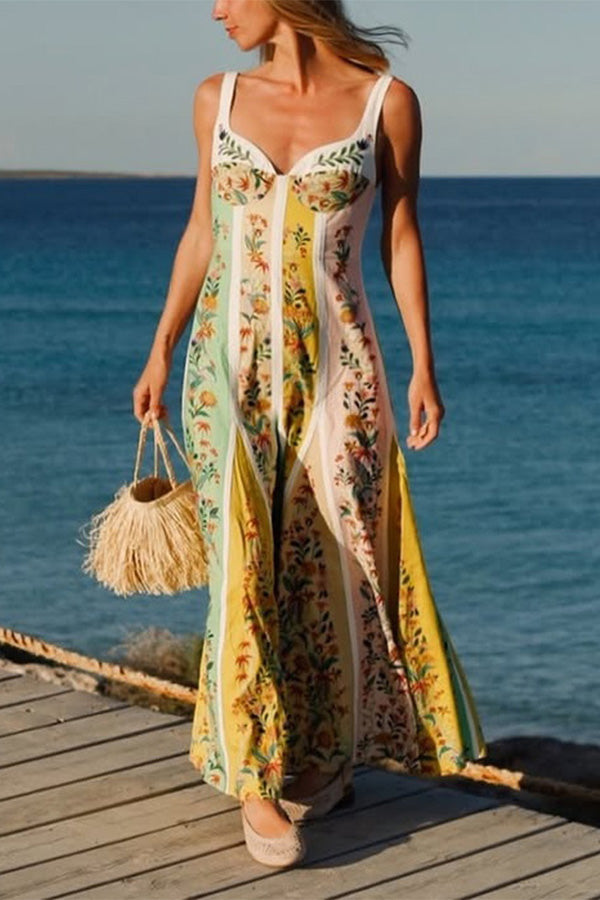 Sweet Garden Linen Blend Color Block Paneled Maxi Dress