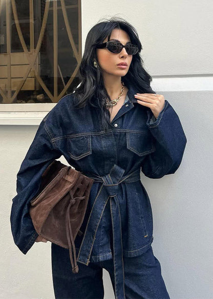 Indigo Structure Denim Set – Belted Oversized Jacket and Straight-leg Pants