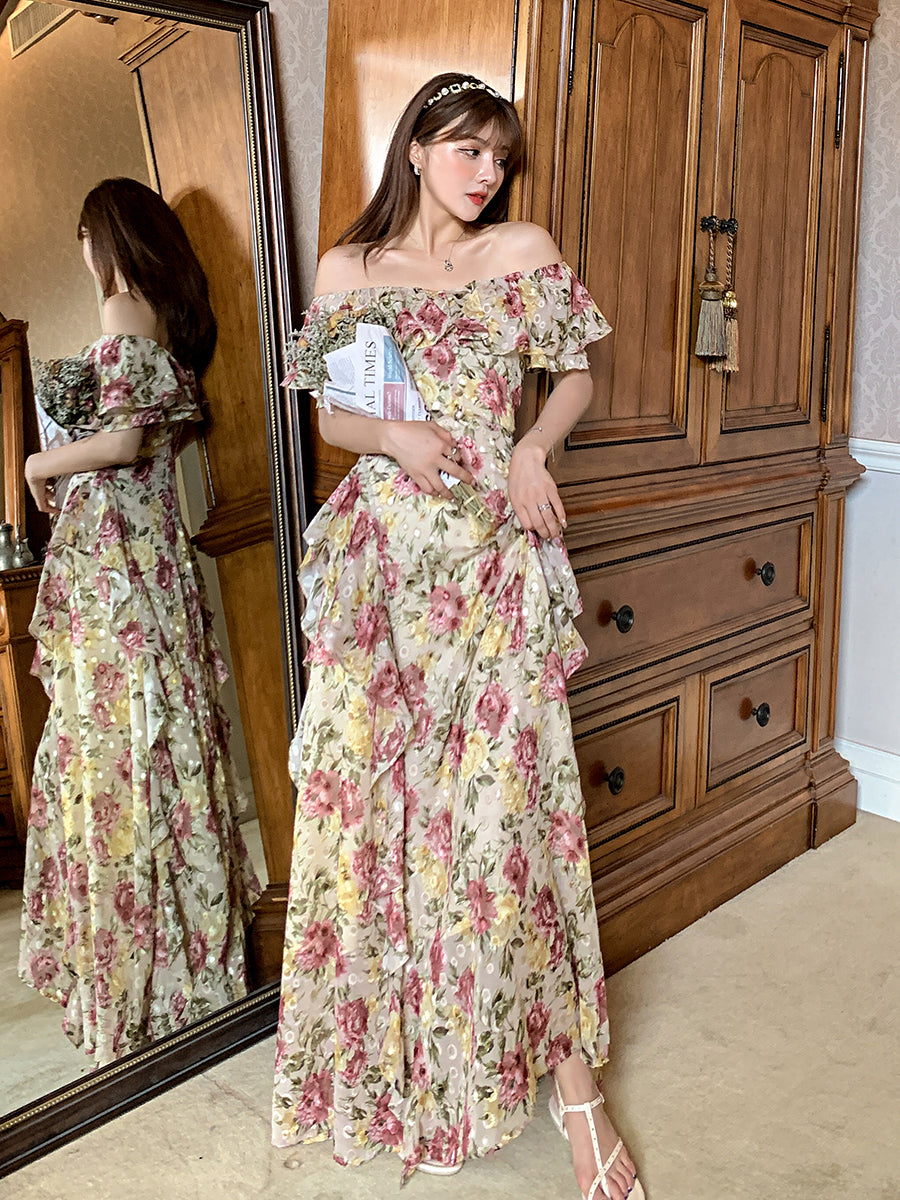 French Court-style Maxi Dress _ Ruffled Off-shoulder Chiffon Dream Gunne Sax Dress