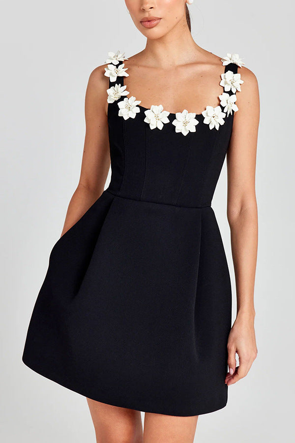 Party Outfit, Pearl Flower Decal, Square Strapless, Collar, Pocket, Mini Dress