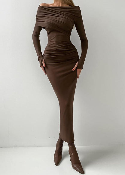 Burgundy Off-shoulder Ruched Maxi Dress