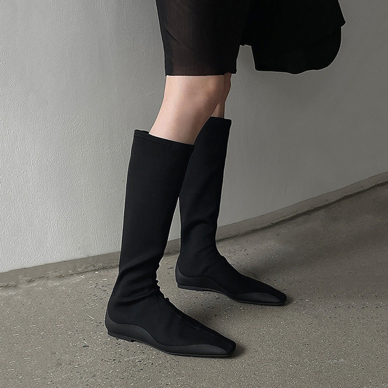 Toe High Riding Flat Bottom Short Stretch Slim Boots