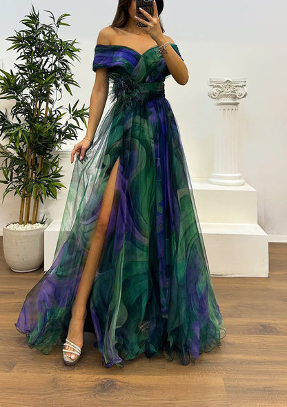 Fairy Flower Feather Pendant Fallen Fold Off Shoulder Party Split Design Long Dress