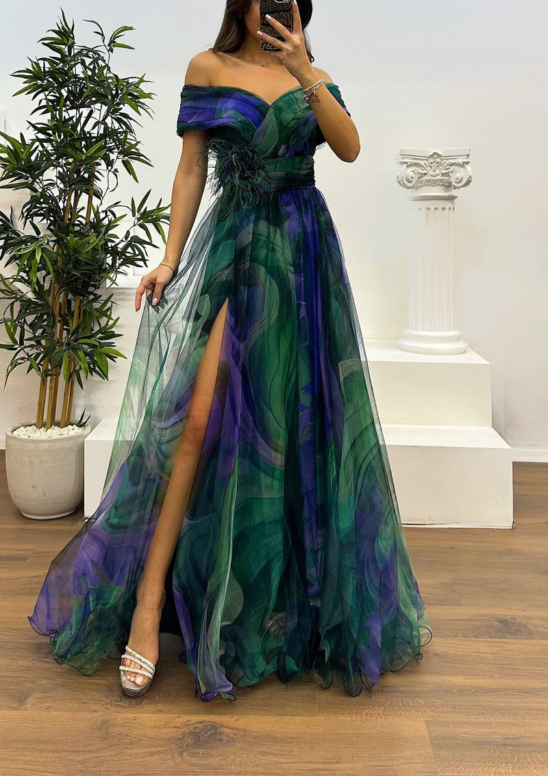 Fairy Flower Feather Pendant Fallen Fold Off Shoulder Party Split Design Long Dress