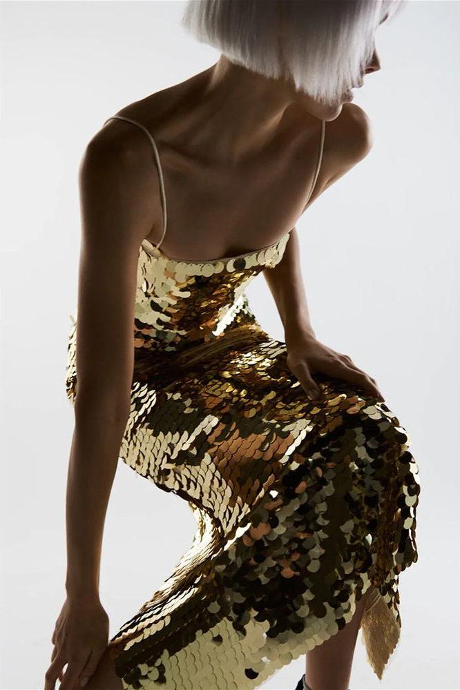 Glittering Tube Top Gold Backless Maxi Dress
