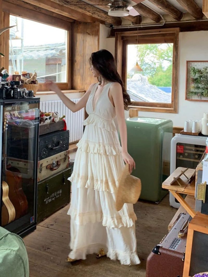 French Soft Ruffle Tiered Maxi Dress _ Cotton Linen Vacation Gown for Summer Gunne Sax Dress