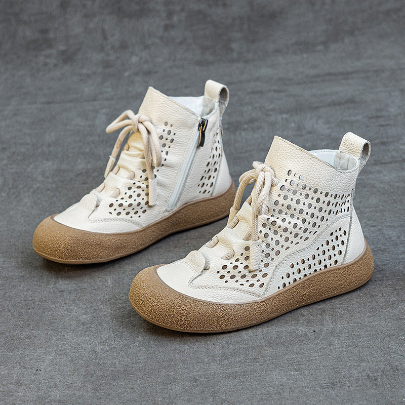 Layer Cowhide Hollow Flat Soft Bottom Boots