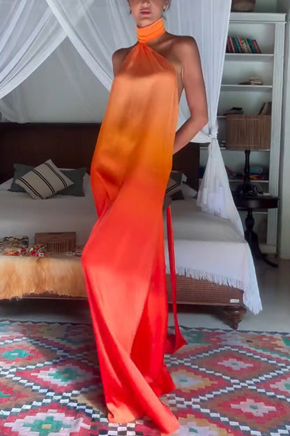 Chase the Sun Gradient Print High Neck Backless Tie-up Maxi Dress