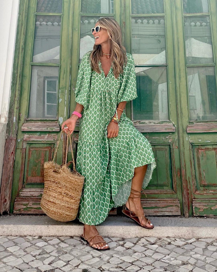 Fashionable Street Picnic Bubble Sleeve Layered Party Midi Dress