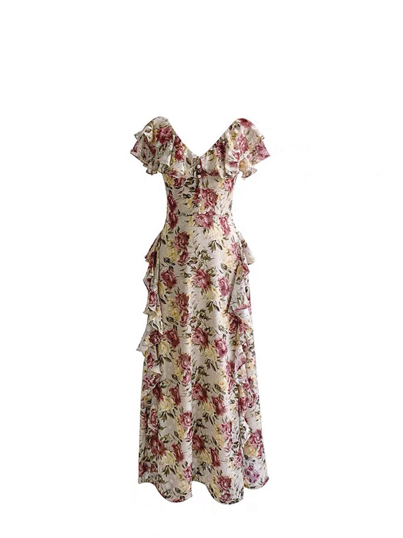 French Court-style Maxi Dress _ Ruffled Off-shoulder Chiffon Dream Gunne Sax Dress