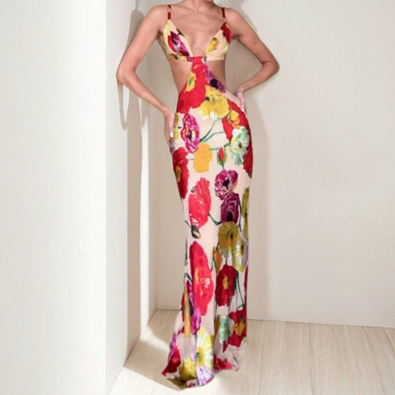 Hawaiian Dreams Satin Print Cutout Backless Maxi Dress
