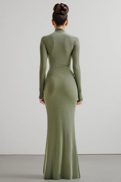 Tona Army Green Cutout Pleated Maxi Dress