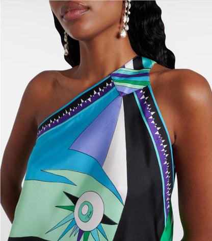 Naughty Lady Satin Unique Print One Shoulder Irregular Hem Vacation Midi Dress