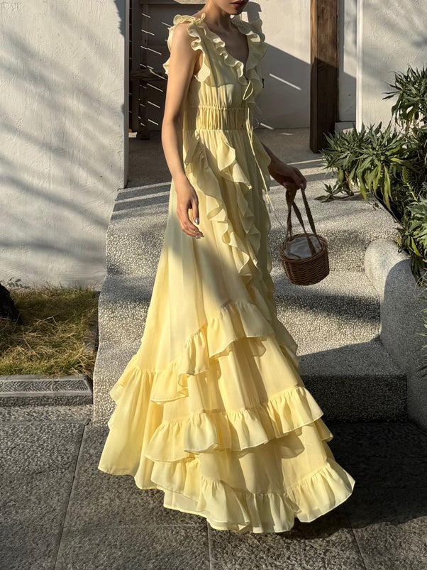 Sunset Ruffle Asymmetrical Maxi Dress _ Romantic Flowy Vacation Look Gunne Sax Dress
