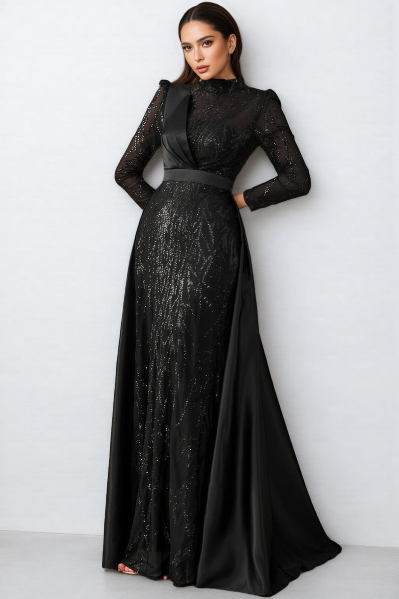 Moto Sequin Satin Long-sleeved Maxi Dress