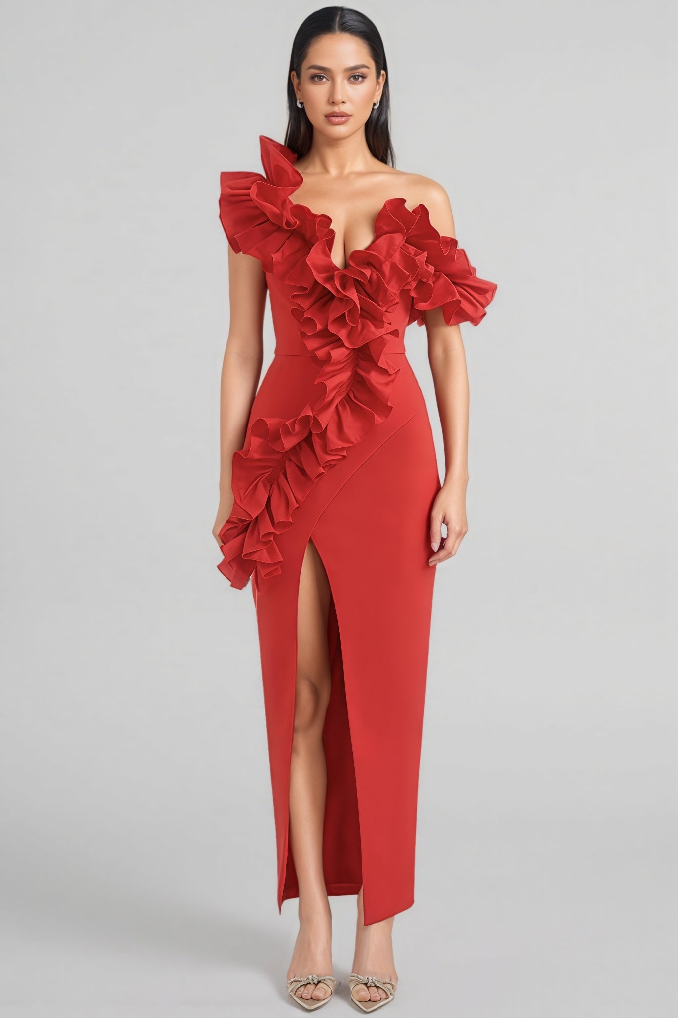 Natal Red Ruffled Slit Maxi Dress