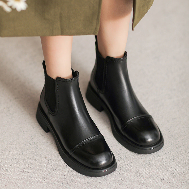 British Style Flat Cowhide Ankle Boots