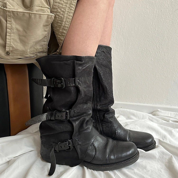 Outer Wear Retro Side Zipper Distressed Pants Tube Boots