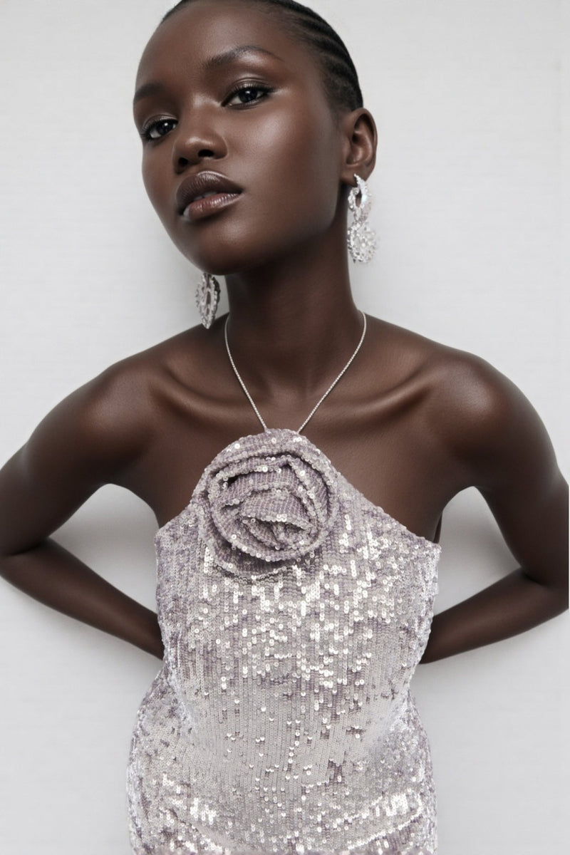 Soraya Silver Sequin 3d Maxi Dress