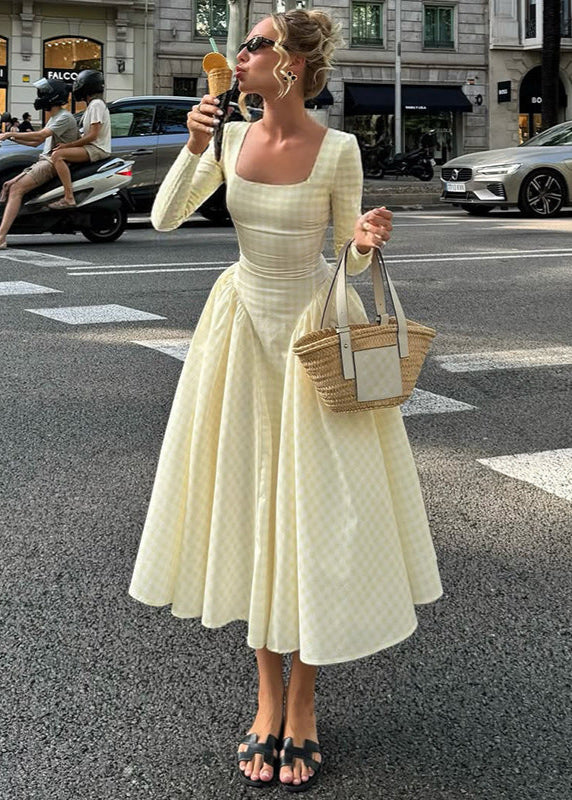 Pink Gingham Long Sleeve Midi Dress – Square Neck Fit and Flare