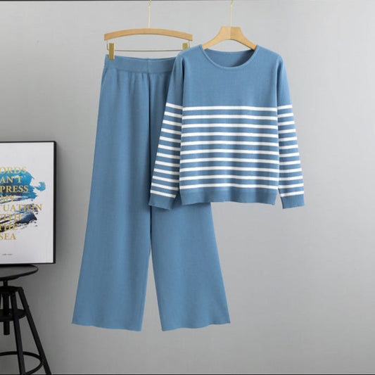 Peacock Blue - Striped Knitted Two Piece Set