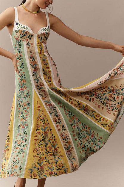 Sweet Garden Linen Blend Color Block Paneled Maxi Dress