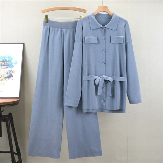 Blue - Loose Mid-length Lapel Two Piece Set