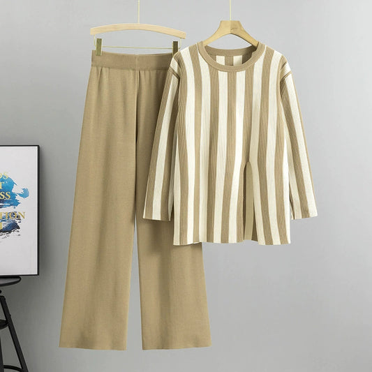 Khaki - Striped Split Hem Two Piece Set