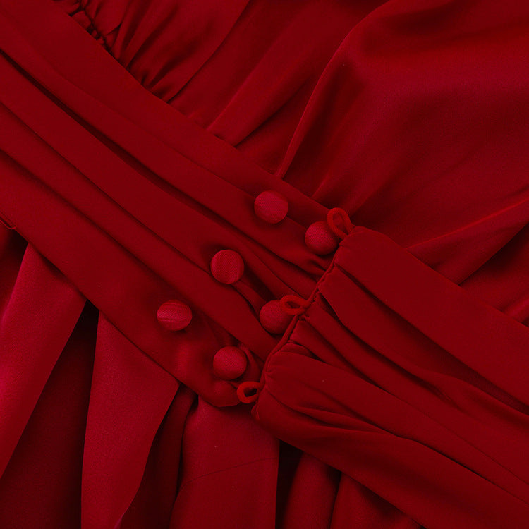 Ruched Puff Sleeve V Neck Waist Belt Satin a Line Mini Dress