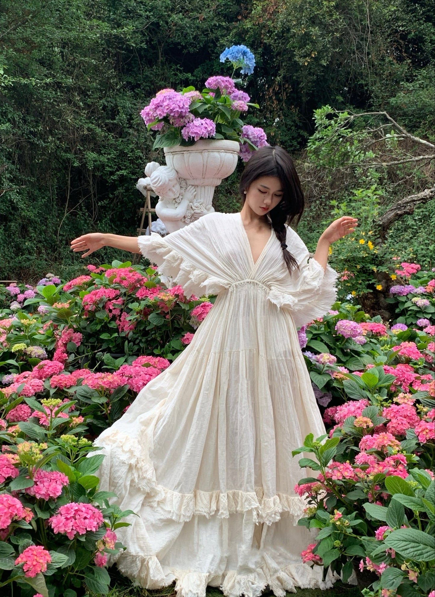 Tailande Linen Maxi Dress _ V-neck Ruffle Goddess Gown With 10-meter Full Hem