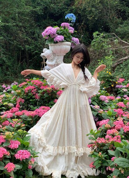 Tailande Linen Maxi Dress _ V-neck Ruffle Goddess Gown With 10-meter Full Hem