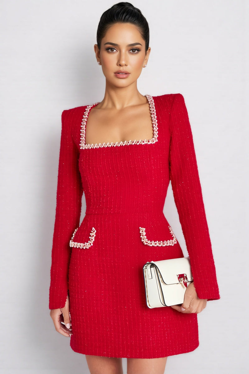 Yolia U Neck Long Sleeve Mini Dress-red