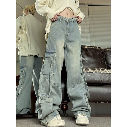 Retro Washed Overalls Wide Cargo Jeans