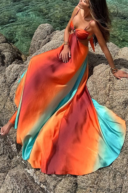 Queen Neon Sunset Printed Metal Decor Hollow Back Lace Holiday Long Dress