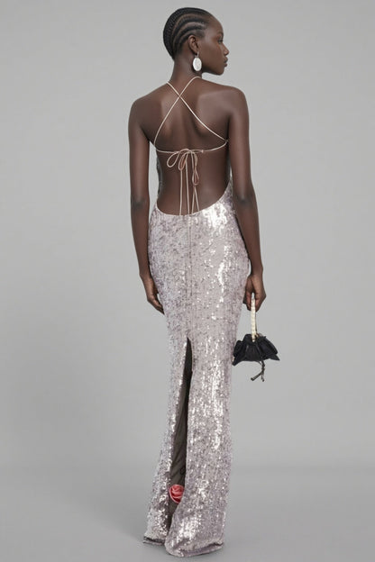 Soraya Silver Sequin 3d Maxi Dress