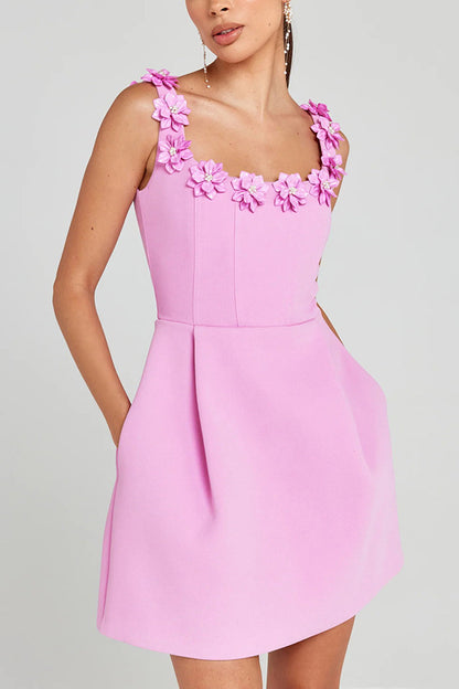 Party Outfit, Pearl Flower Decal, Square Strapless, Collar, Pocket, Mini Dress