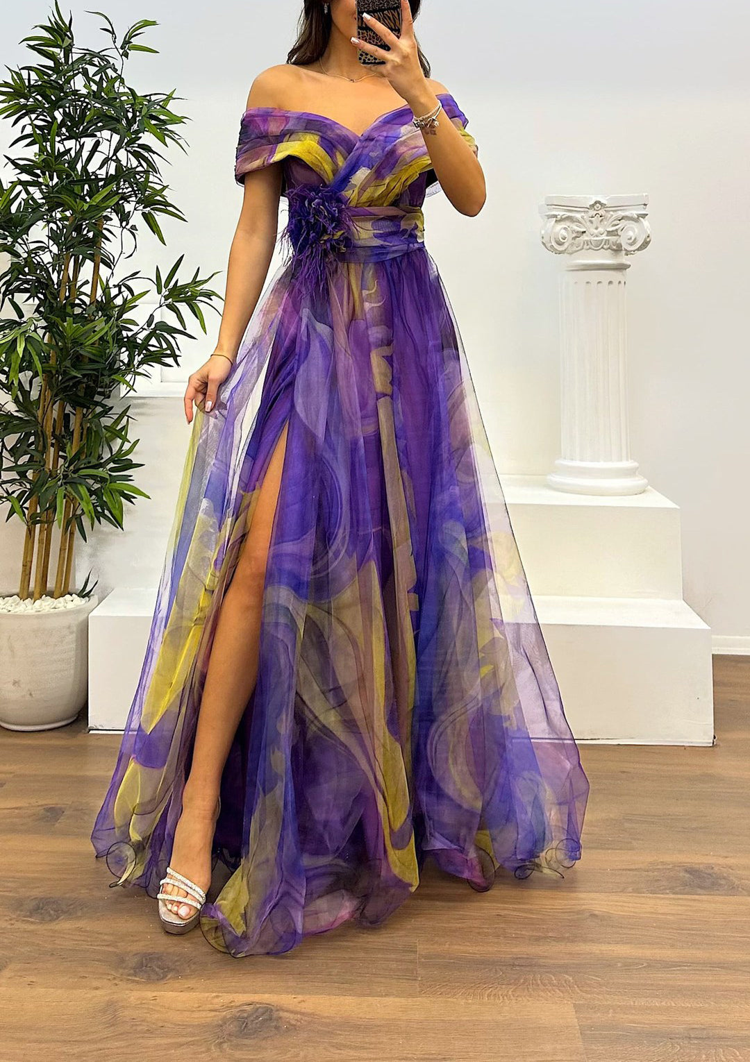 Fairy Flower Feather Pendant Fallen Fold Off Shoulder Party Split Design Long Dress