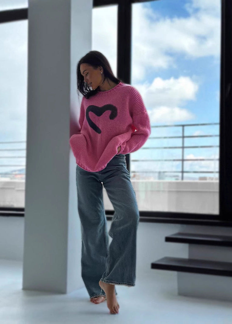 Amora - Oversized Knit Sweater With Heart Detail