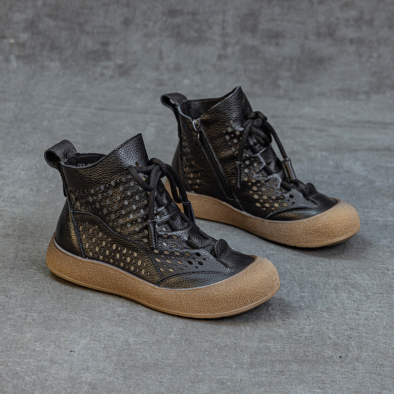 Layer Cowhide Hollow Flat Soft Bottom Boots