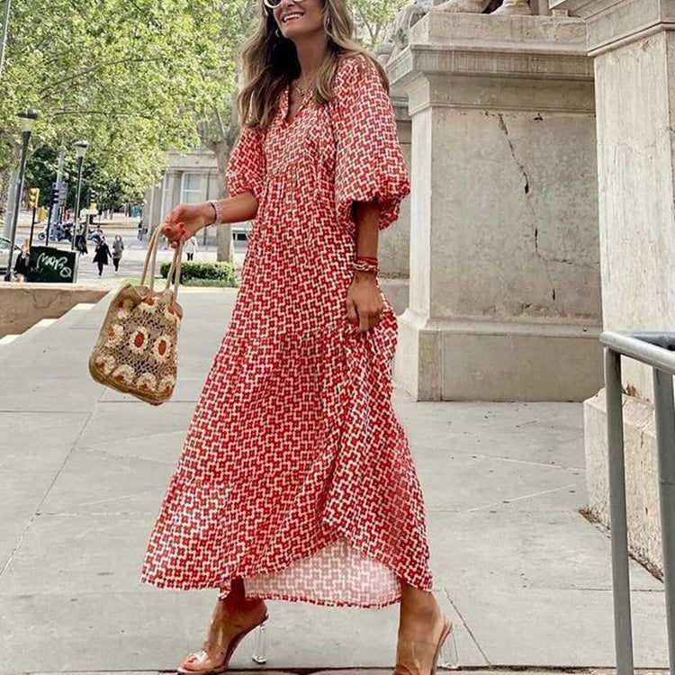 Fashionable Street Picnic Bubble Sleeve Layered Party Midi Dress