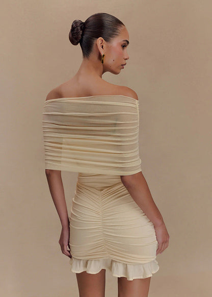 Off-shoulder Mesh Ruched Mini Dress