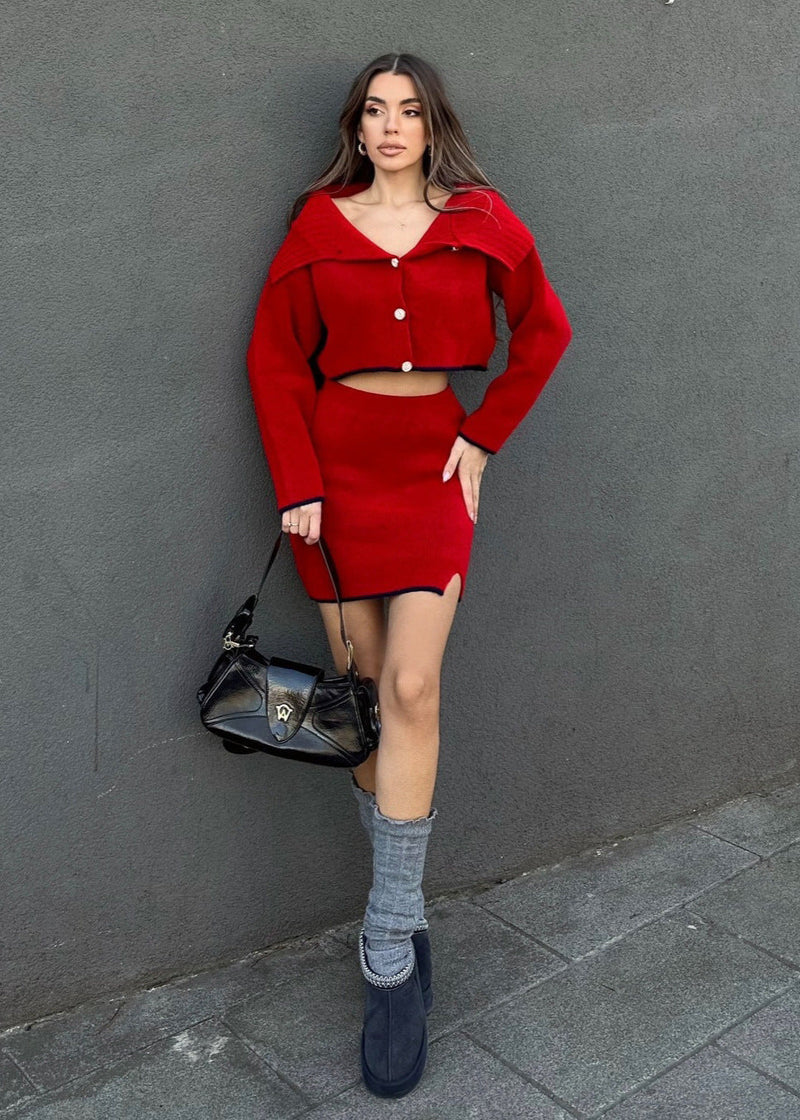 Scarlett - Off-shoulder Knit Cardigan & Mini Skirt Set